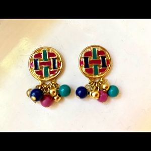 Pink Teal Blue Gold Cloisonné Weaved Circles Dangling Beads Pierced Earrings